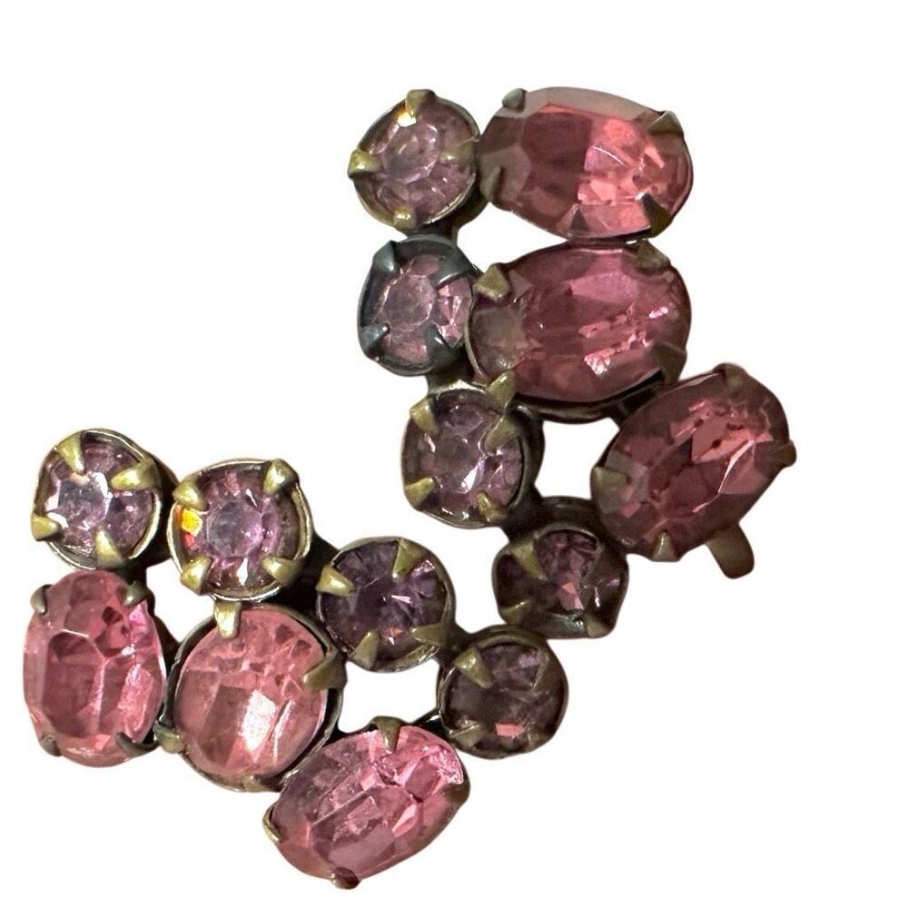Pink rhinestone brass clip on earrings - Picture 4 of 8